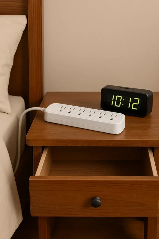 hosting guests, multi outlet surge protector, alarm clock, Ai image