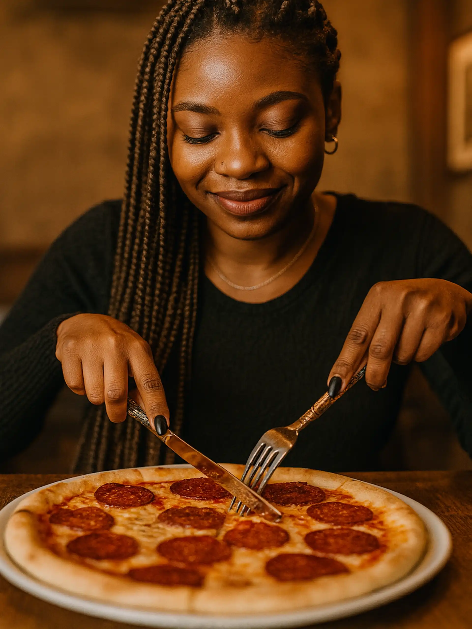 Black woman, eating pizza, knife and forkm Germany