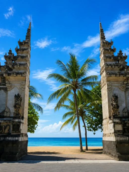 Kuta Beach, split gates, palm trees