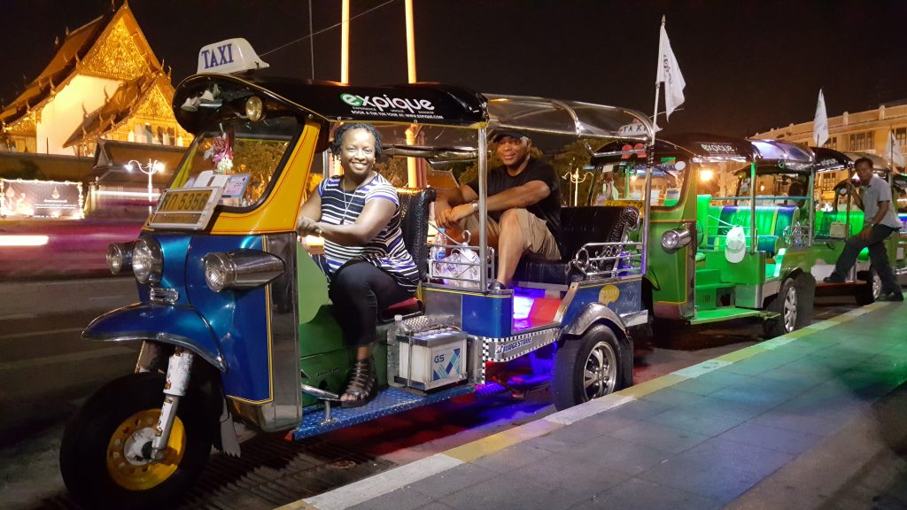 The tuck tuks in Bangkok are the three wheel variety and some are decked out with lights and sound systems. But be careful expect to pay more for a tuk tuk than a metered taxi, but don't get ripped off. We took a food tour by tuk tuk in the evening and it was a lot of fun.