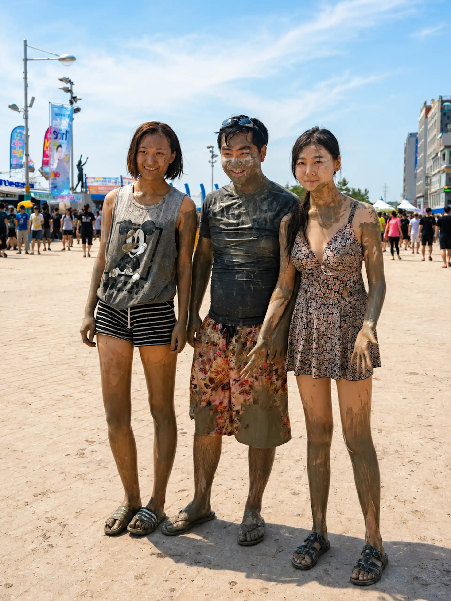 Three Friends at the Mud Festival in Boryeong