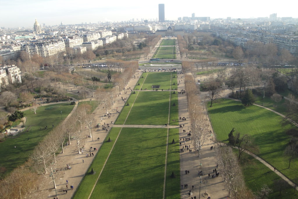 The view of the Champs du Mars from the second floor of the Eiffel Tower in Paris is amazing.