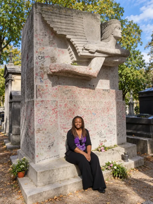 Stacey at Oscar Wildes Grave, Pere Lachaise, Paris
