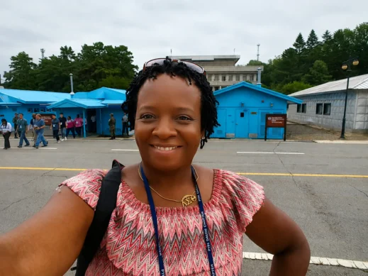 Stacey, selfie, DMZ, blue building