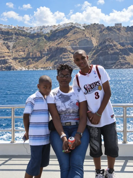 Santorini, kids, Ashleys ship, Santorini’s Caldera Cliffs