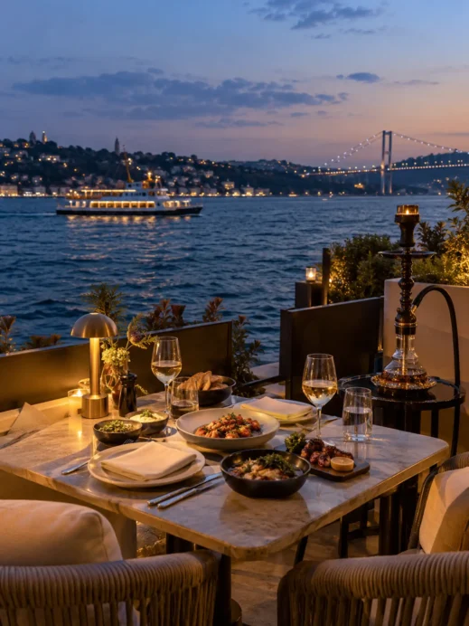 Istanbul, Blue-Hour Dining beside the Bosphorus