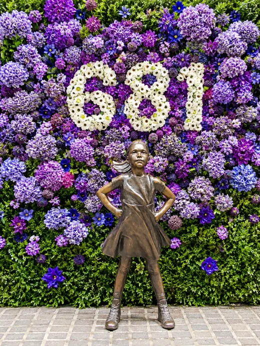 NYC, Bronze Girl Beneath Floral 681