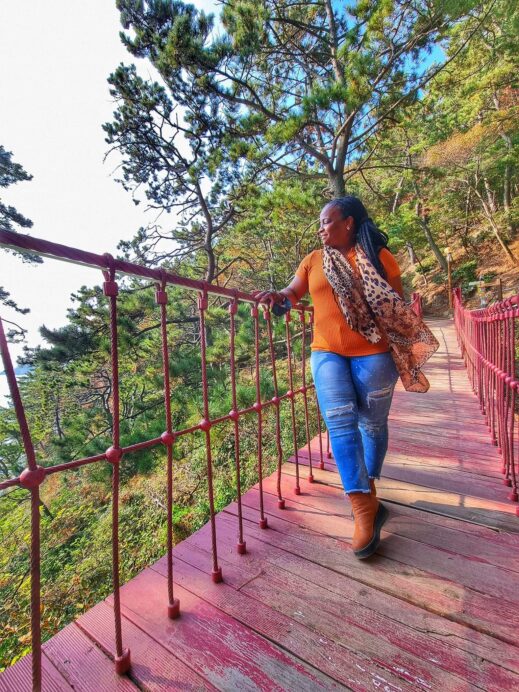 Military spouse hike scarf blowing