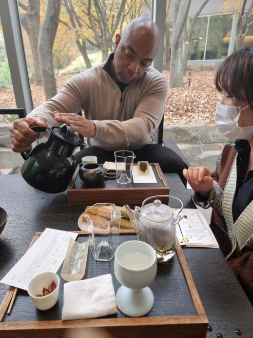Steven at teahouse in Gachang