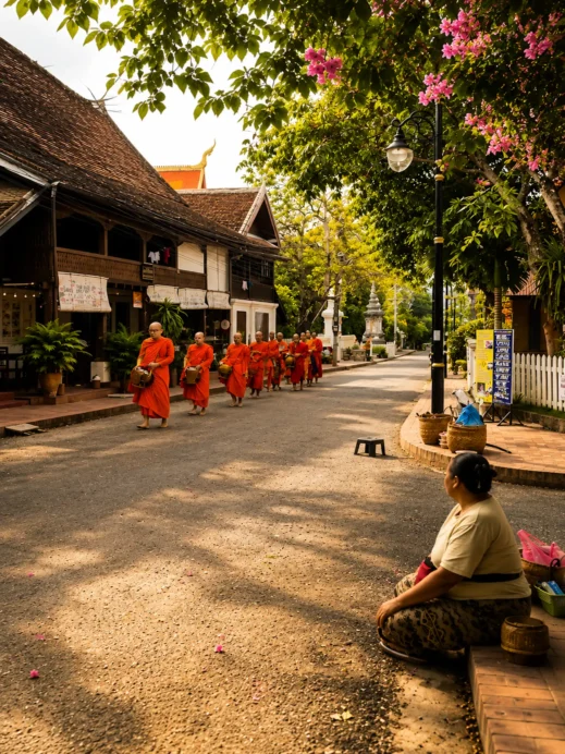 Temple, monk chat, Luang Plabung, street alms