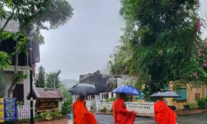 Three monks, Luang Prabang, morning alms