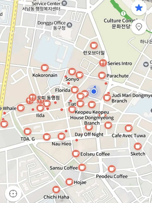 Gwangju, map of cafes