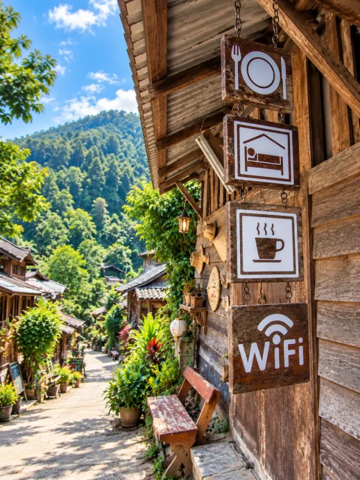 Mae Kampong Village, wooden wifi sign