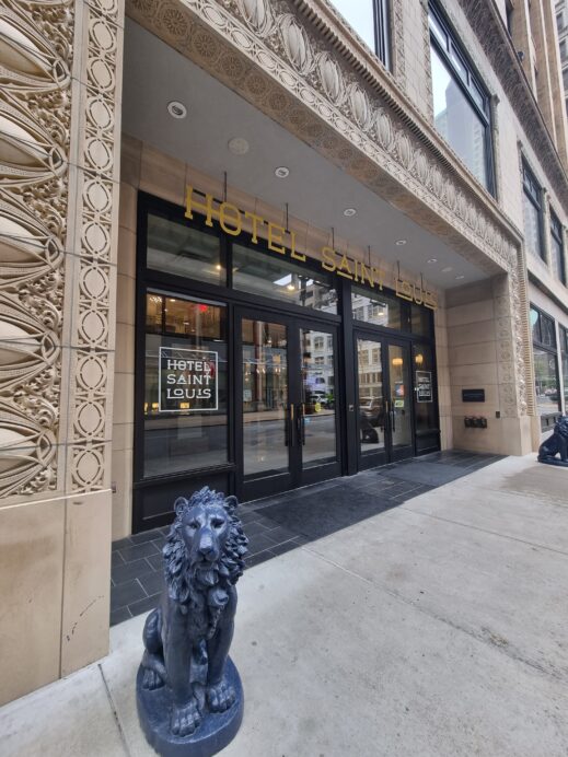 Lion at the front entrance view Hotel Saint Louis