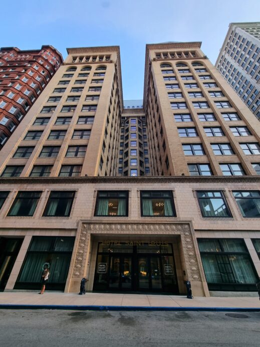 Front door and facade towers Hotel Saint Louis