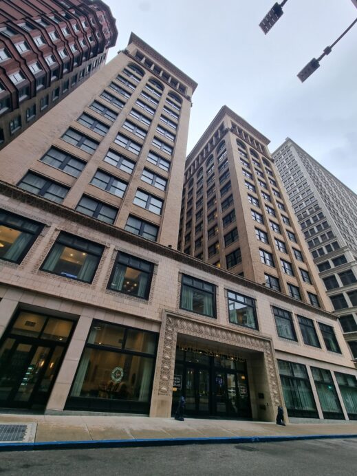side view Front door and facade towers Hotel Saint Louis
