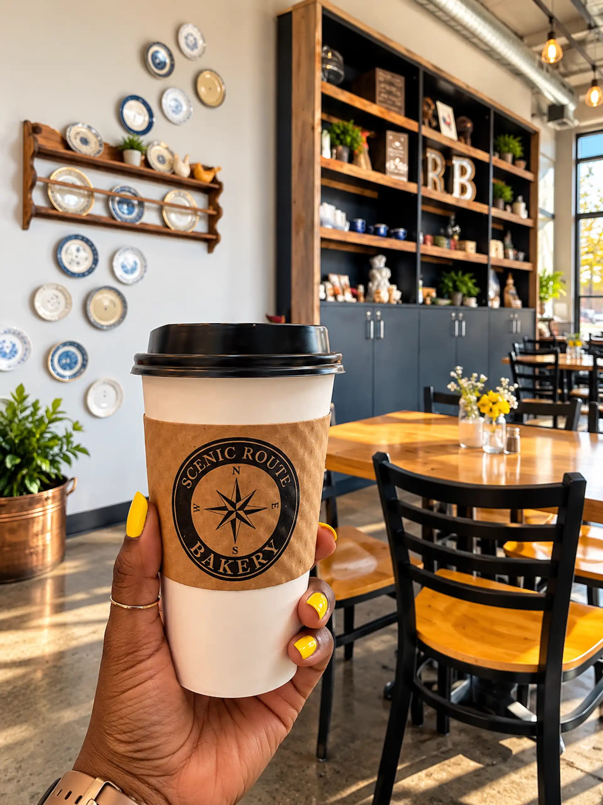 Scenic Route Bakery, coffee cup, yellow nails