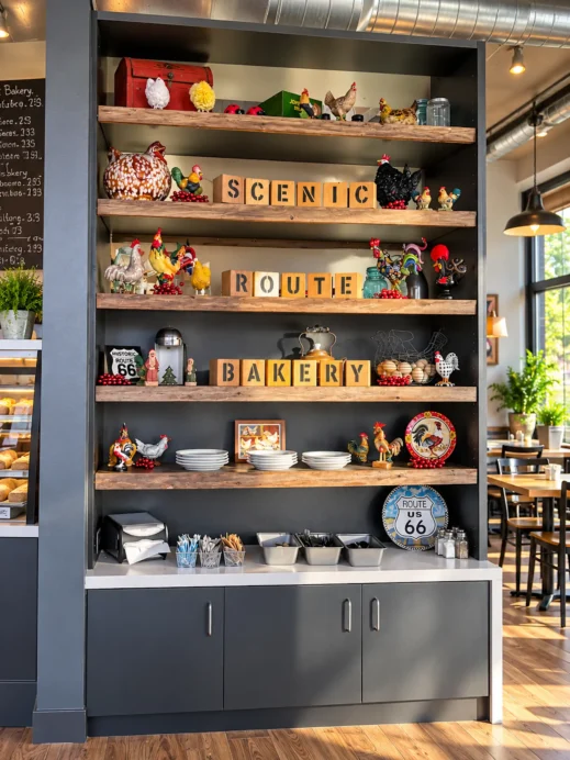 Scenic Route Bakery, shelving, Dubuque, IA
