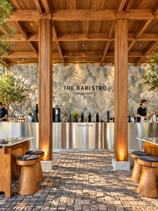 Baristro Asian Style, Chiang Mai, columns, steel counter