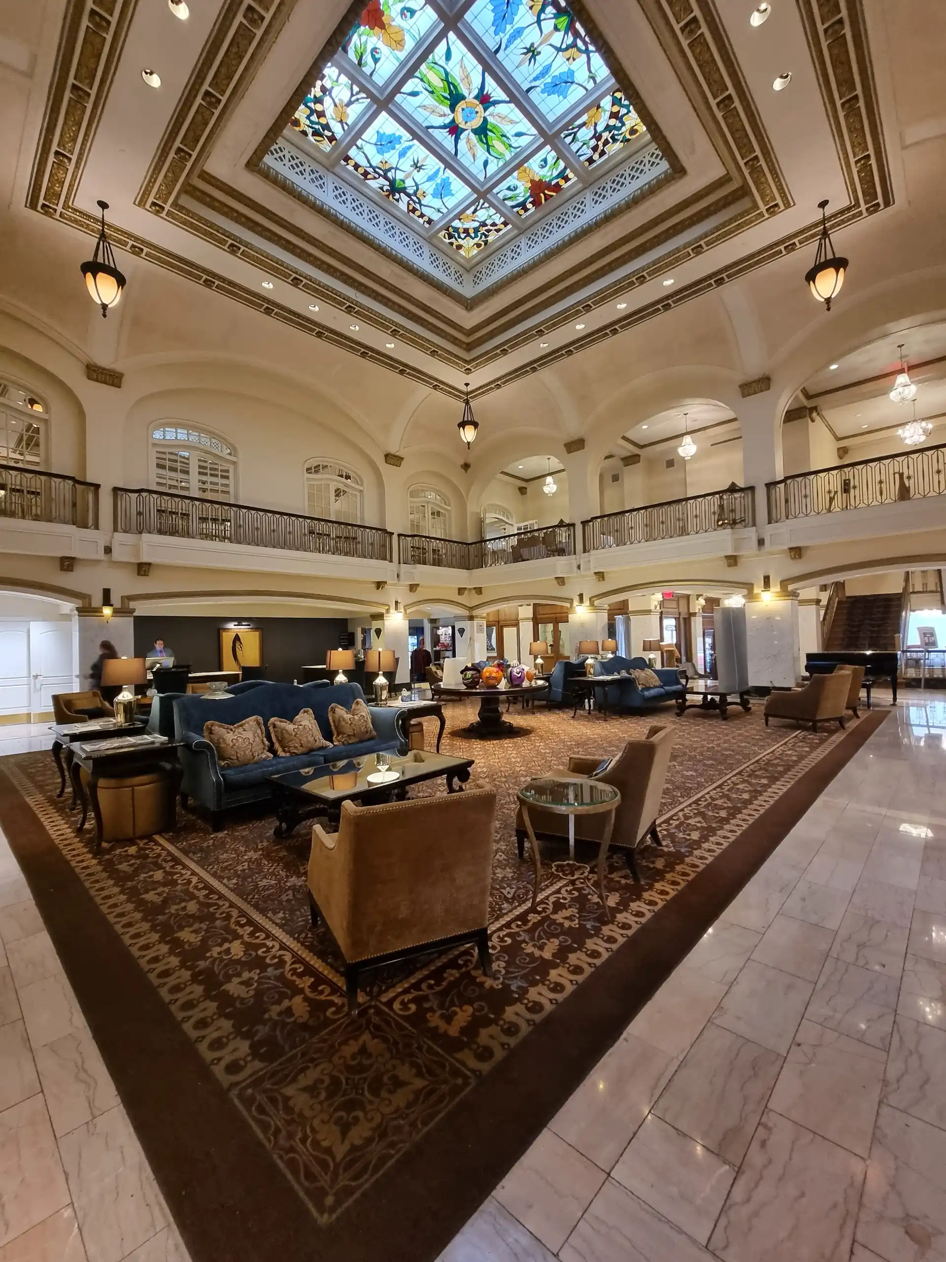 Blackhawk Hotel Lobbe and stain glass window
