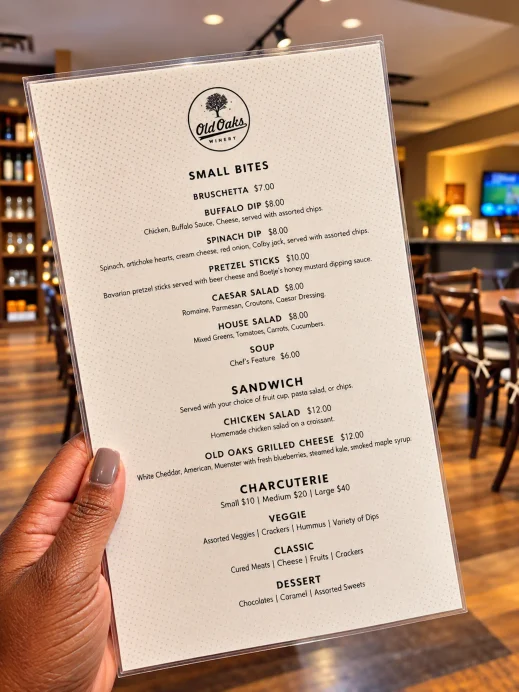 Old Oaks Winery, menu