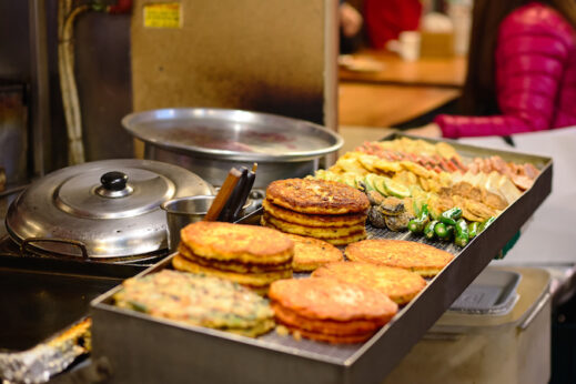 Kimchi fritters, punkcake on street. Korean street food