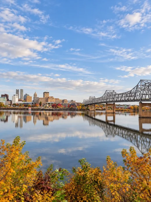 Peoria Skyline and Autumn Bridge Reflections