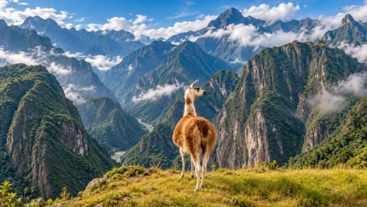 Peru, llama, machu picchu, mountain, view.