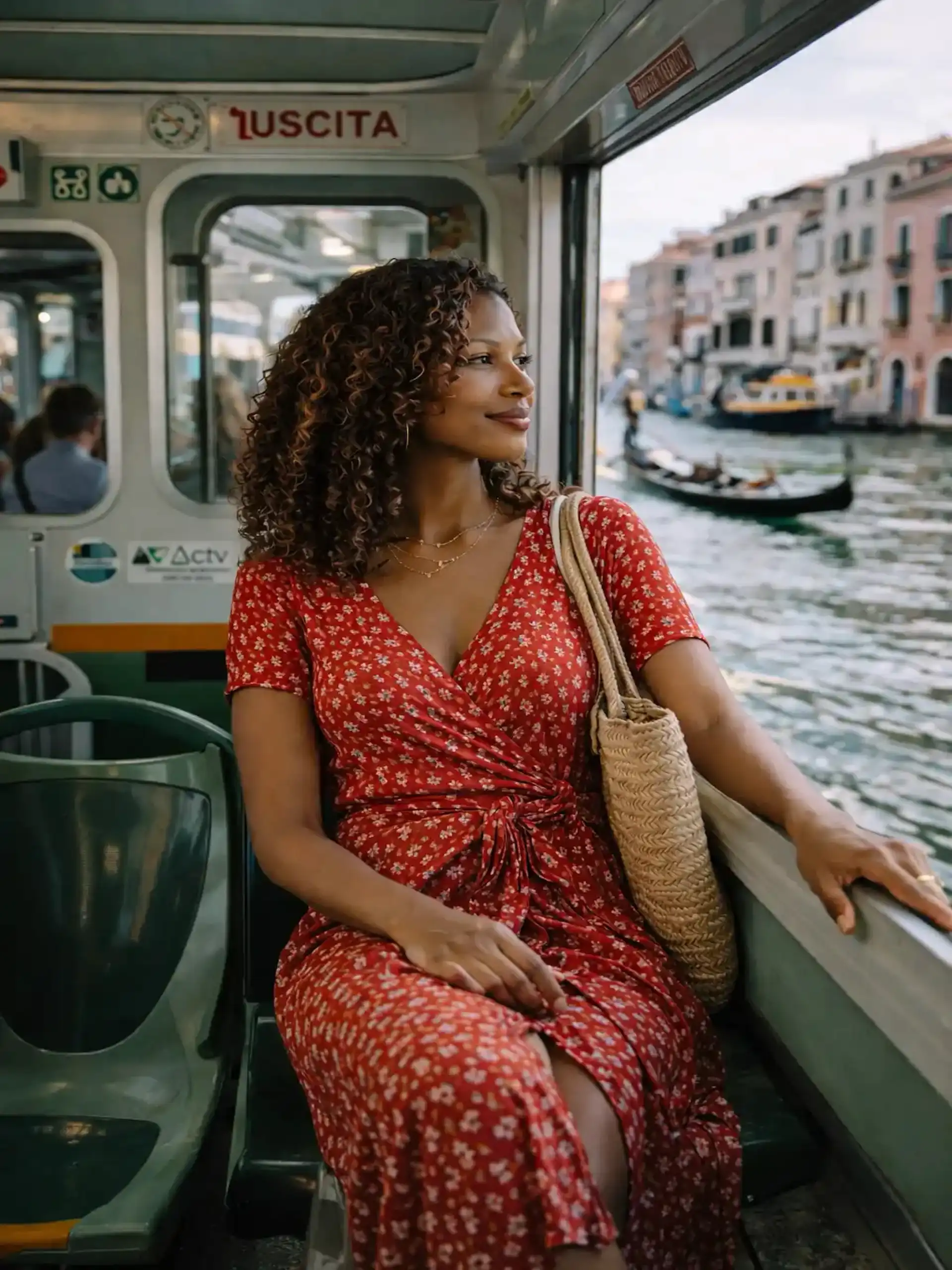 Black woman on Venice vaporetto grand canal