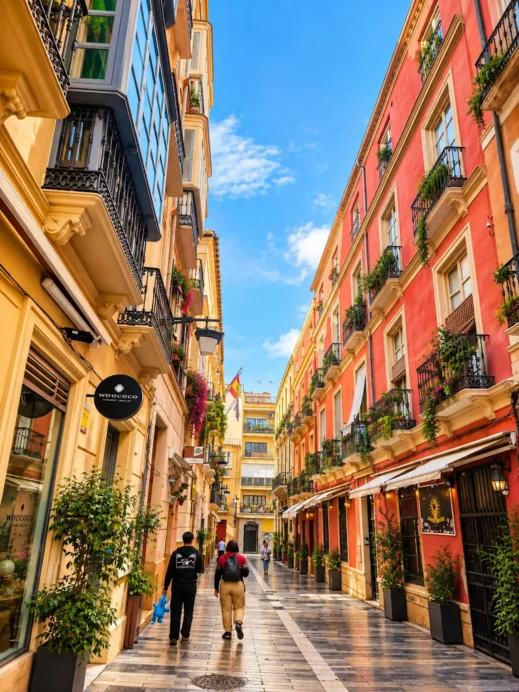 Malaga, Pedestrian street, traditional wrought-iron balconies