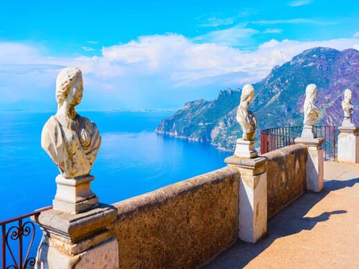 Scenery with sculptures on Cimbrone villa of Ravello village in Italy at Naples. Amalfi coast and landscape with statues at Tyrrhenian Sea at Italian Amalfitana coastline in Europe. Summer.