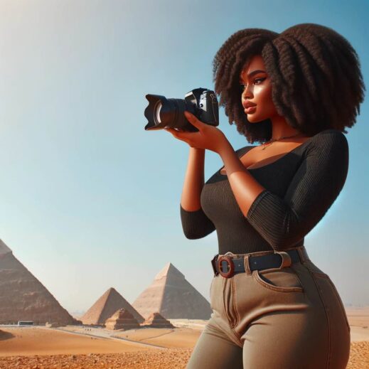 black-women-full-figure-camera-The Pyramids of Giza in Egypt