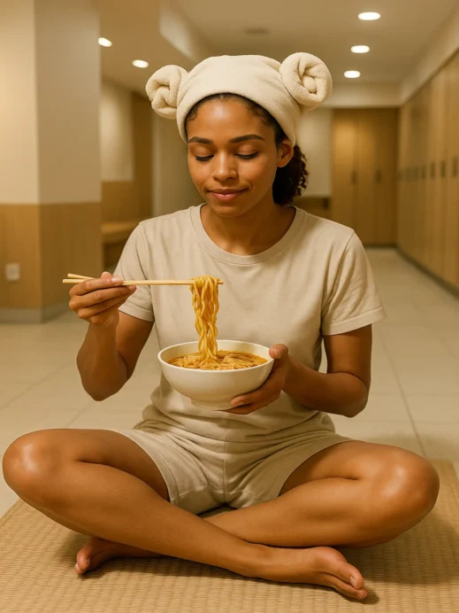 Jjimjibang, ramen noodles, mat, towel hat, South Korea