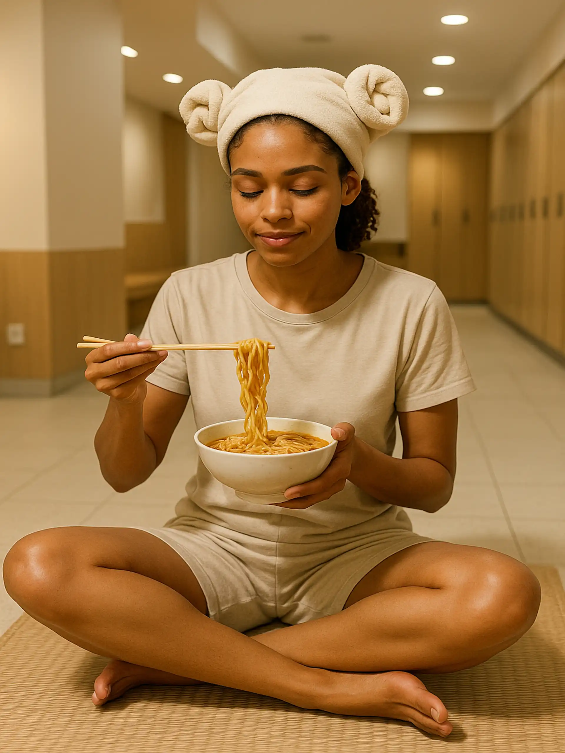 Jjimjibang, ramen noodles, mat, towel hat, South Korea