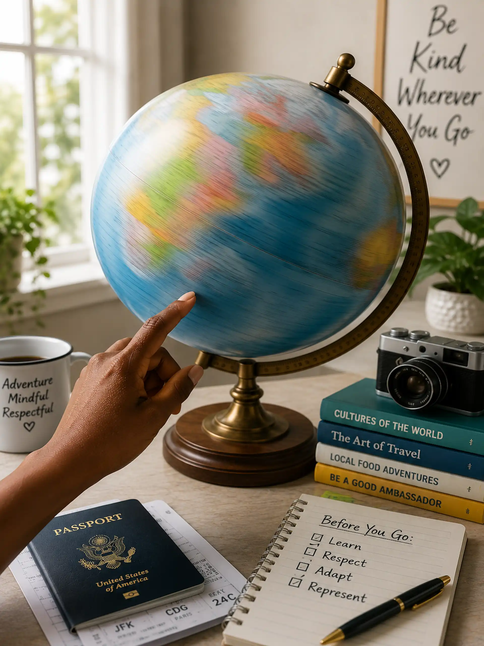 Black female traveler, spinning globe