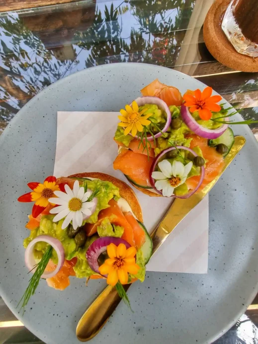 lunch edible flowers and salmon at Fleur Cafe & Eatery
