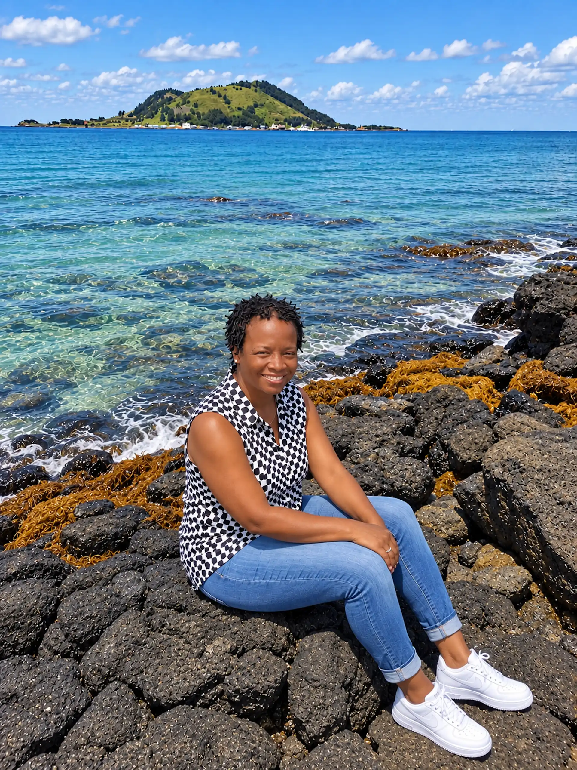 Jeju, rocky beach, jeans, white snaeakers