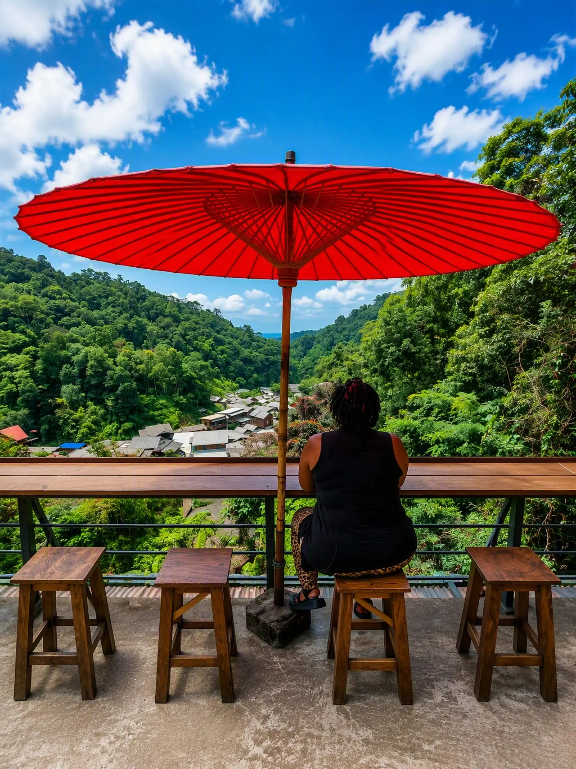 Stacey, Mae Kampong Village, cafe, red umbrella