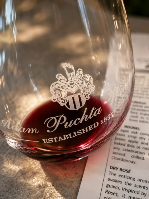 Adam Puchta Winery, wine glass with tsting notes