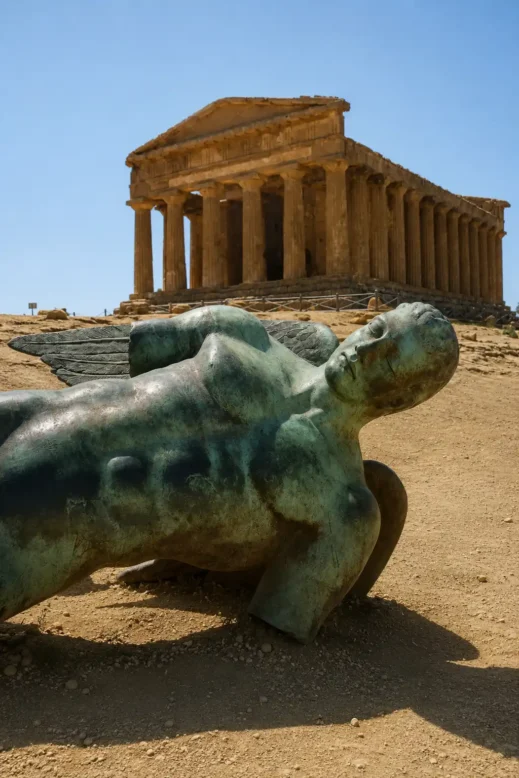 Patinated Winged Statue Before Ancient Temple