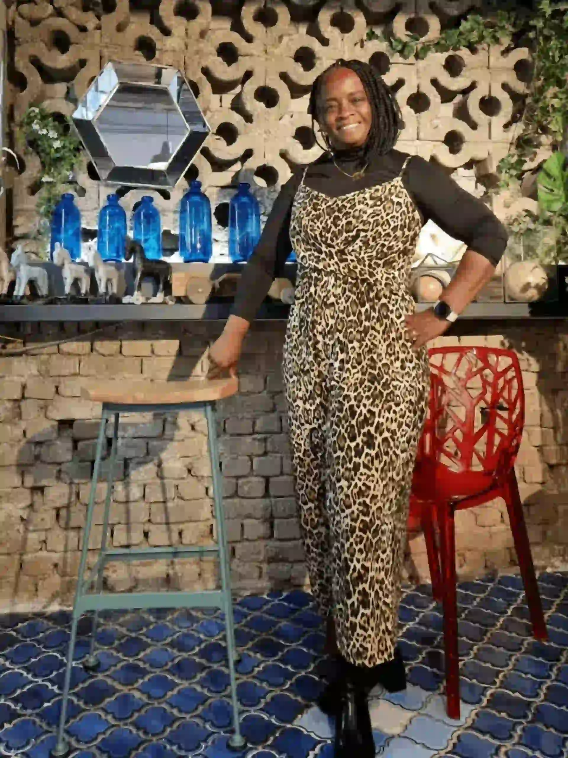 Stacey in leopard jumpsuit