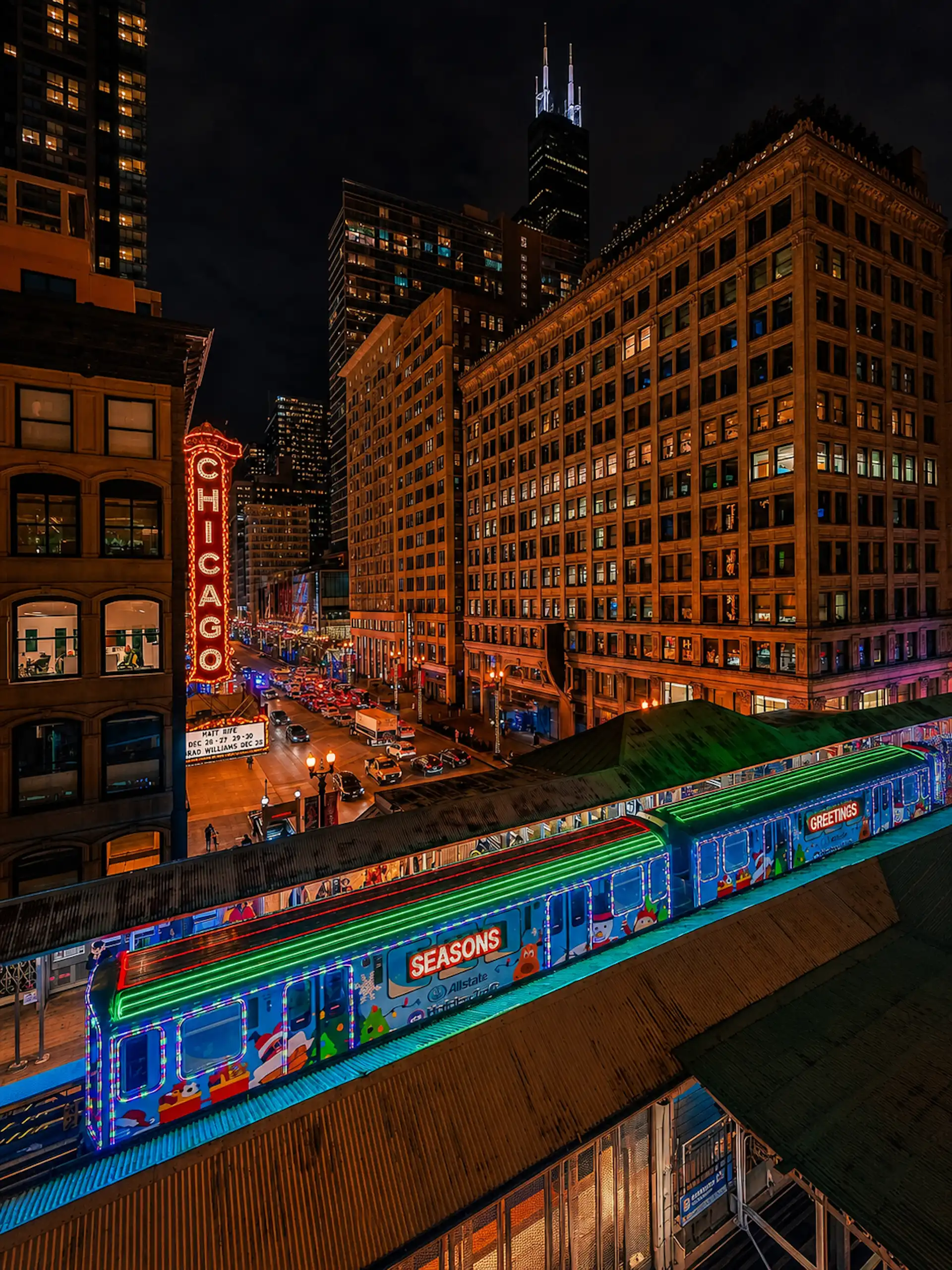 Chicago, Midwest Christmas, train, Chicago Sign
