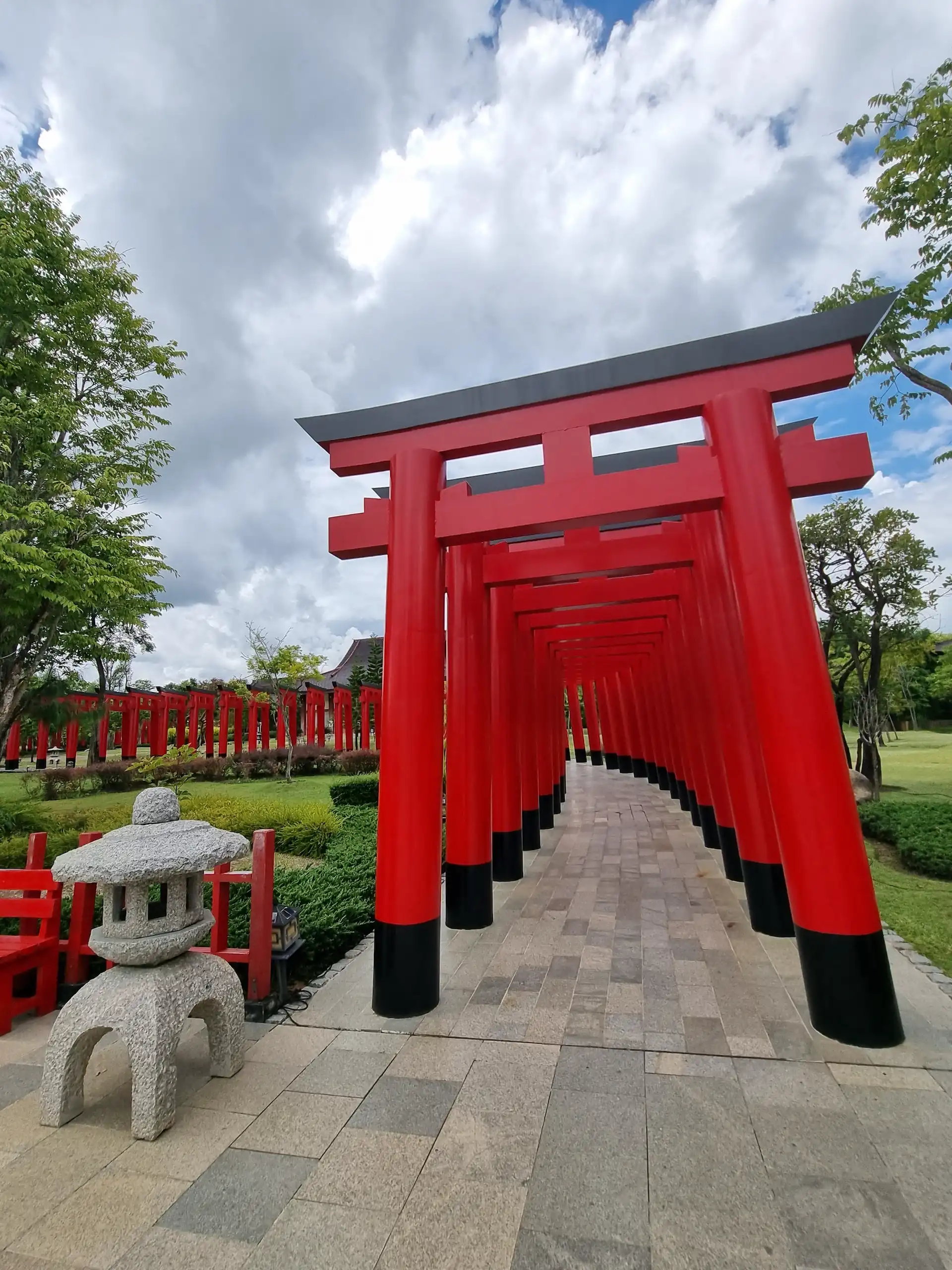 Hinoki Land, red torrii gate and lantern