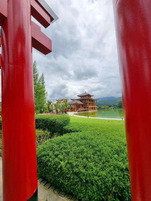 Hinoki Land, wooden palace, though red torii gate