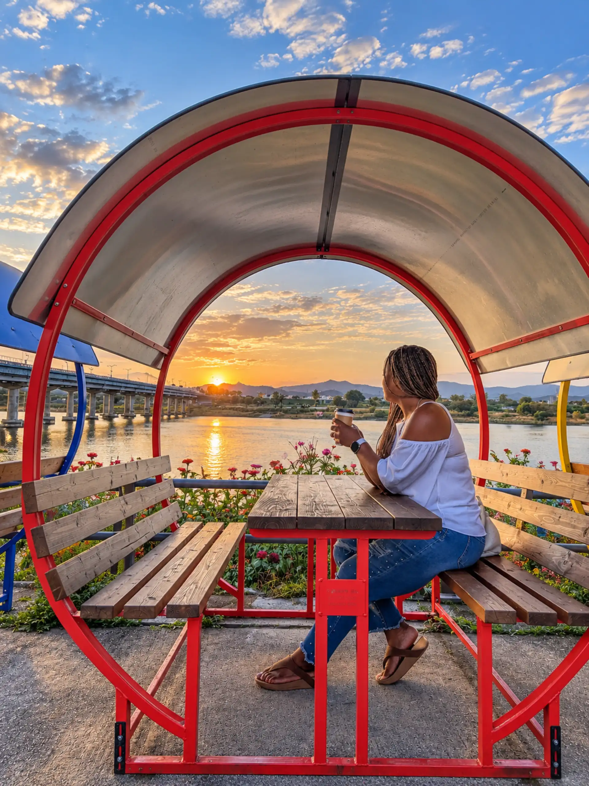Samunjin Pier, Daegu, round seating, sunset