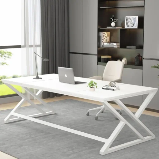 Amazon, LVB White Long Computer Desk, Modern Large Wood Metal Office Desk
