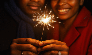 New years Traditions, Black couple celebrating New Year’s night together holding a lit sparkler, symbolizing love, marriage, and joy in a warm festive moment.