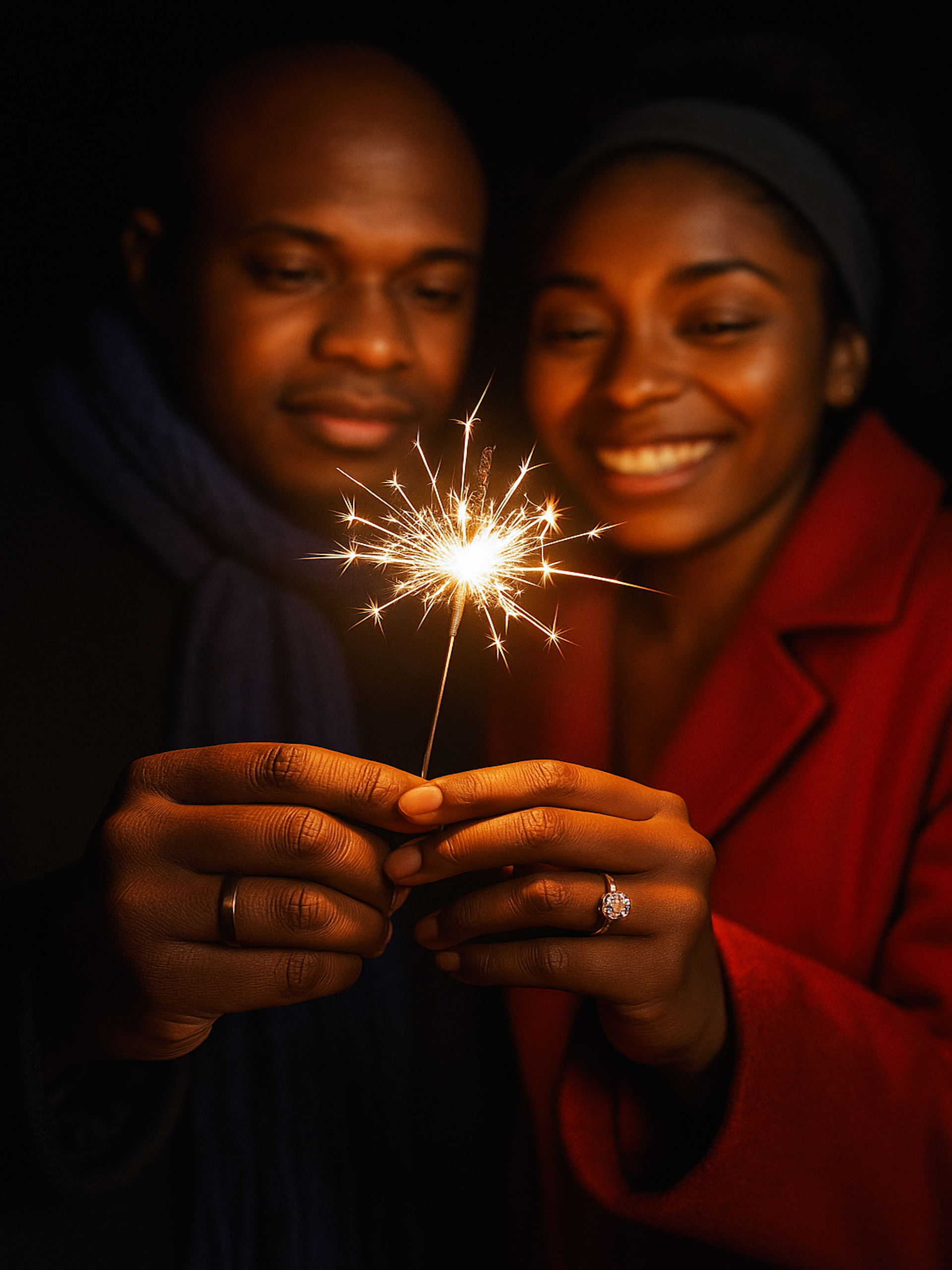 New years Traditions, Black couple celebrating New Year’s night together holding a lit sparkler, symbolizing love, marriage, and joy in a warm festive moment.