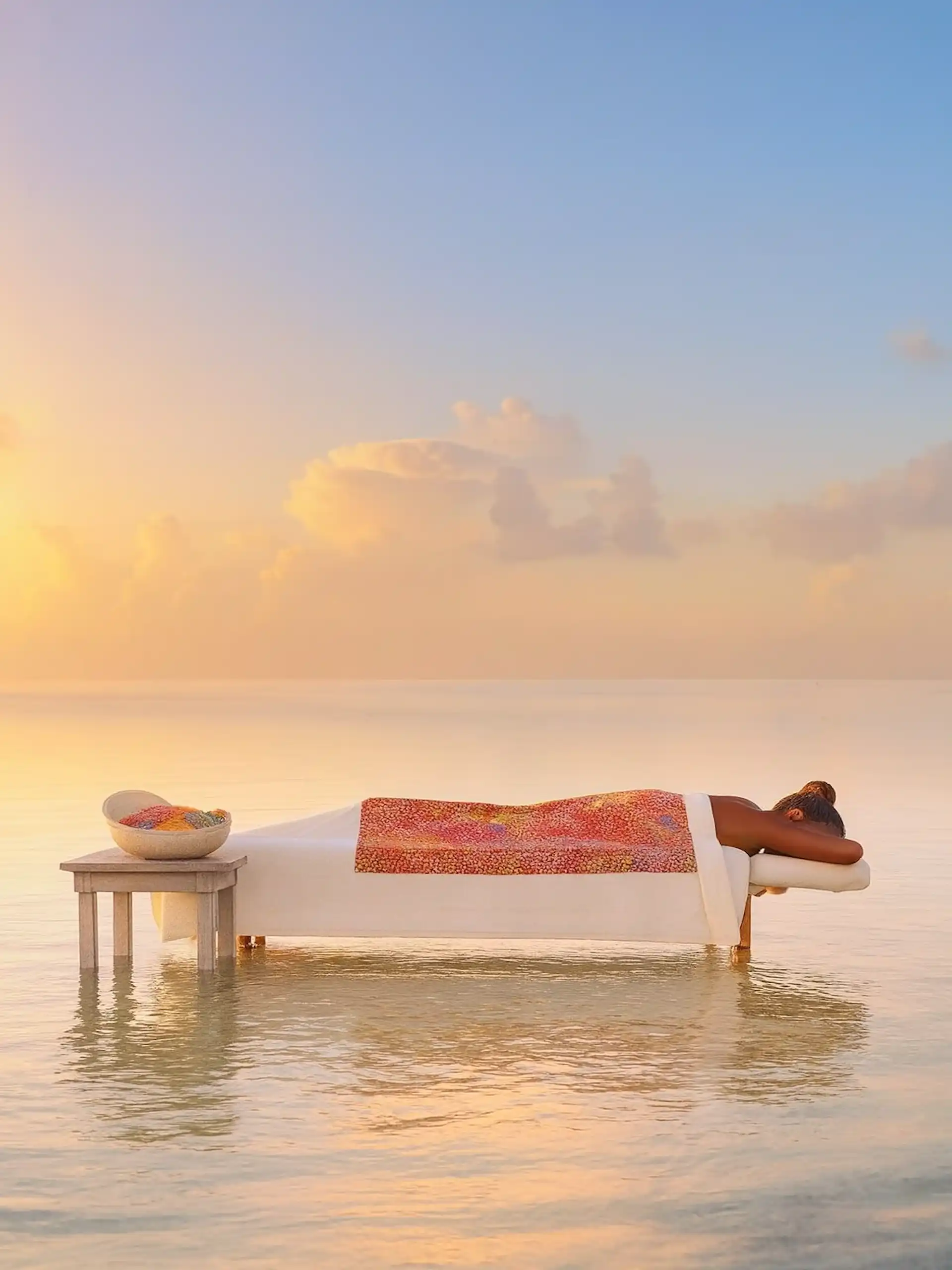 islands no cars, black woman, massage table, sea, vacation