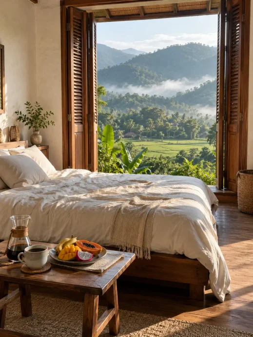 Thailand, bed with a Chiang Dao view